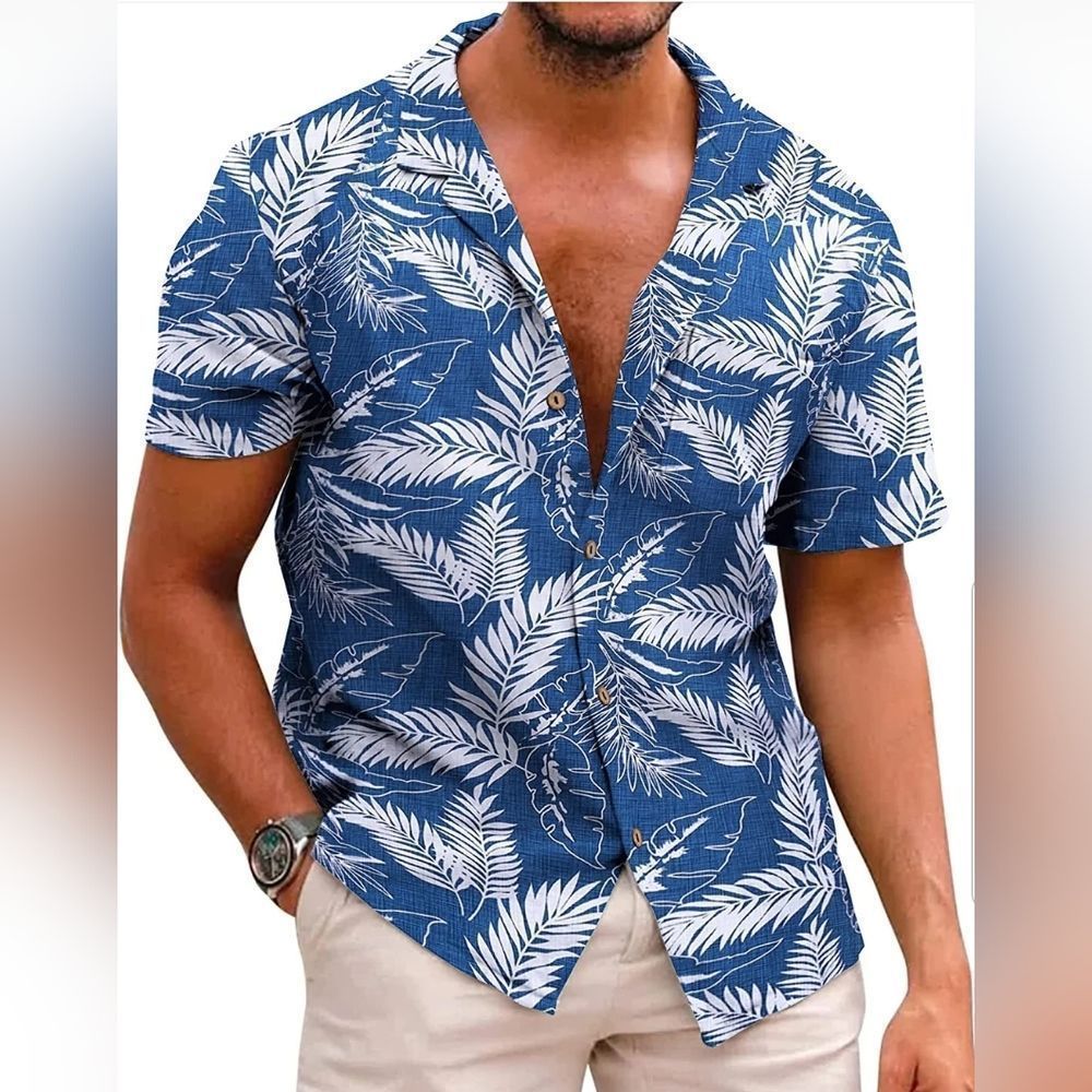 Coof Candy Blue/Ivory Palm Print Hawaiian Short Sleeve Shirt New without tags XL